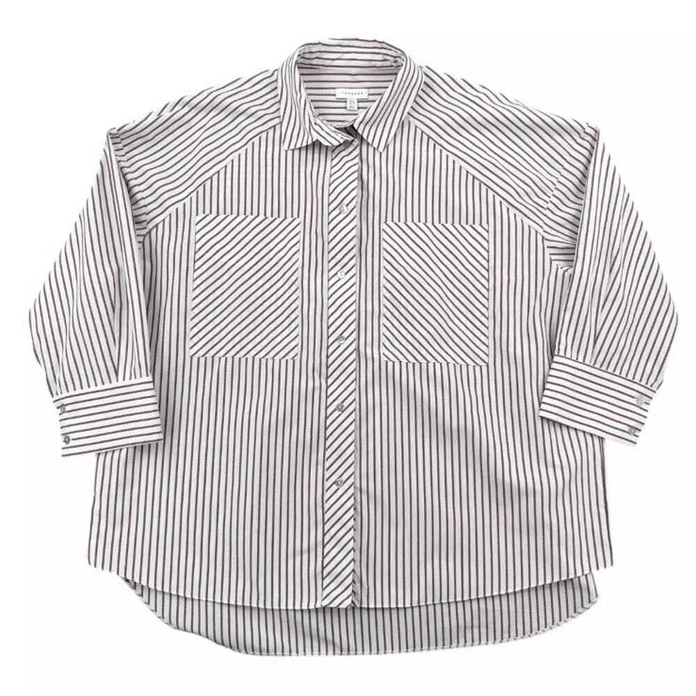 Topshop Brown Striped Long Sleeves Button Up Pocket Shirt Oversized US 8